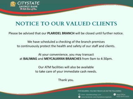 Plaridel Branch is Closed Until Further Notice